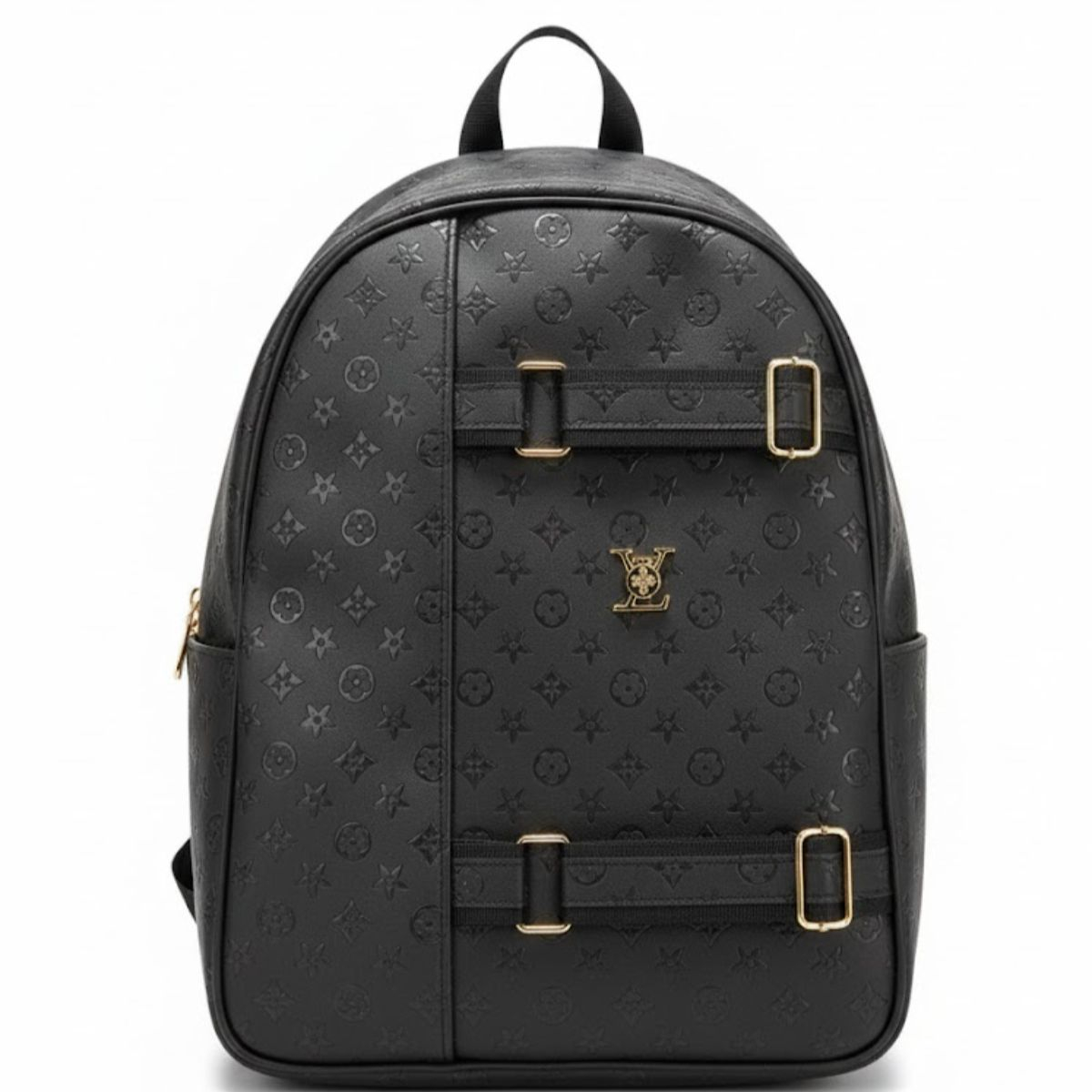 Luxury Black Leather Backpack with Embossed Monogram Pattern